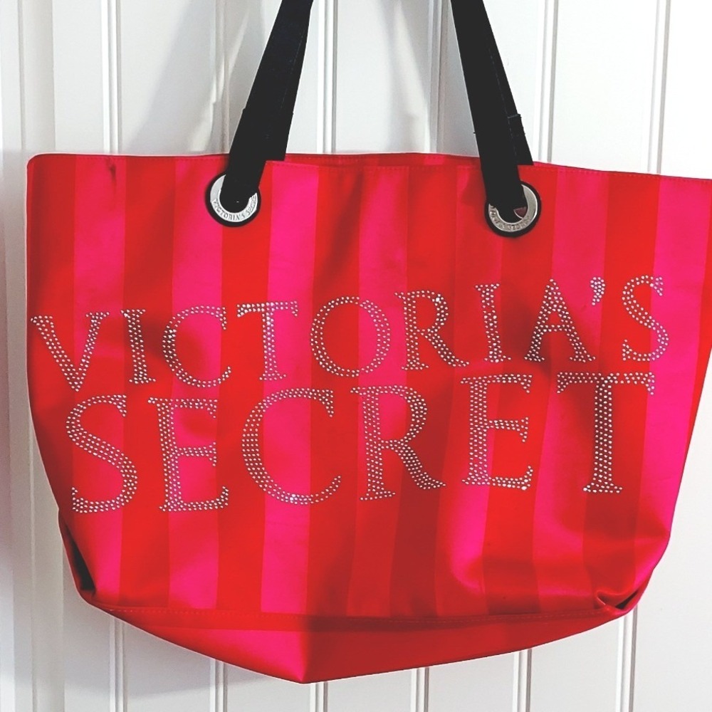 Victoria's Secret Tote Bag Y2K Large Pink Red Striped Rhinestone Logo Satin Glam